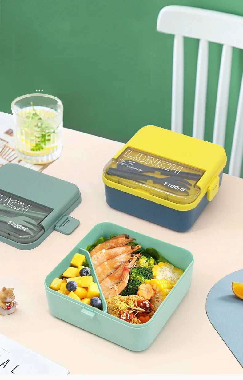 1100 ml/1800 ml Lunchbox mit 2 Fächern für Kinder mit Gabel und Löffel, mikrowellengeeignete Bento-Boxen, tragbarer Vorratsbehälter für Lebensmittel