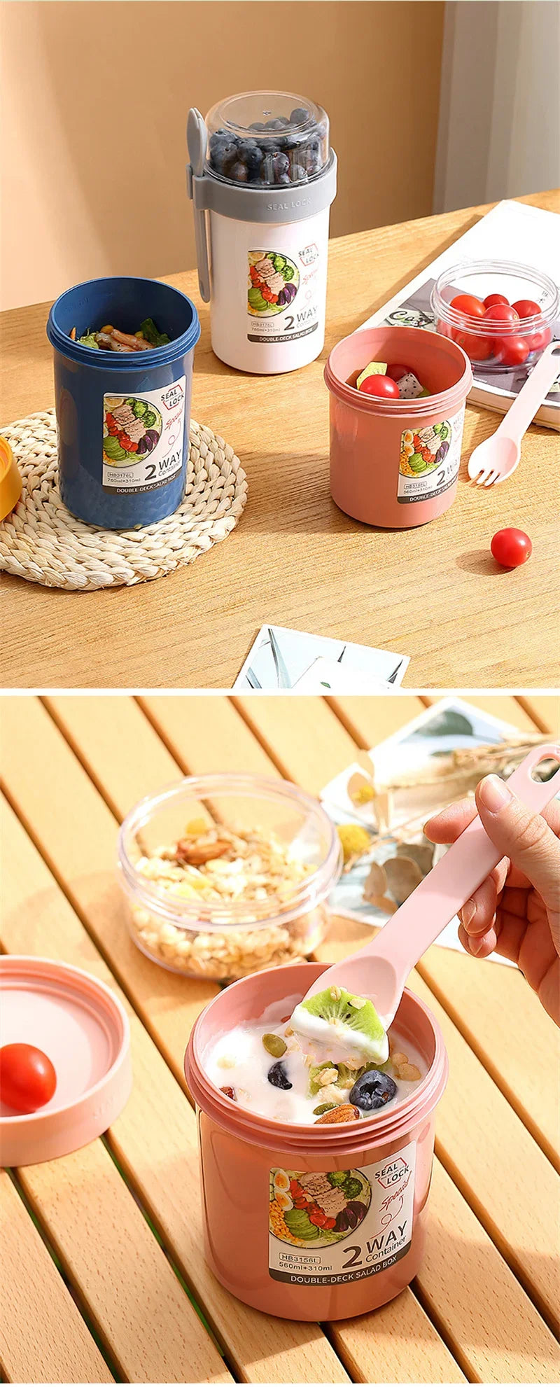 790ml/990ml Salad Oatmeal Cup Breakfast Double Cup Cereal Nut Yogurt Container Set With Dressing Holder Fork Meal Preparation