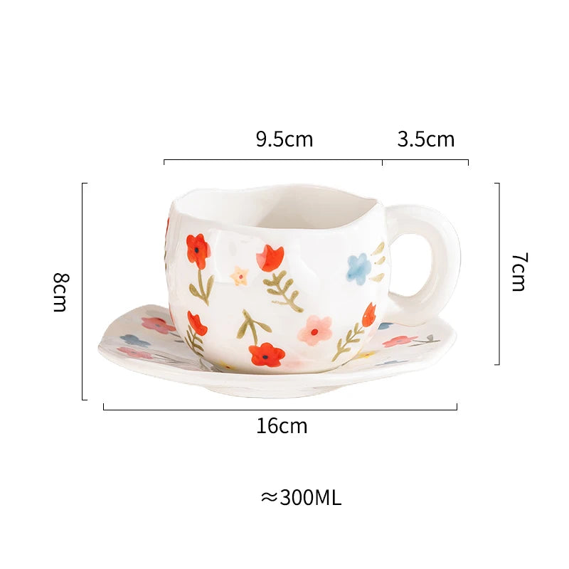 Creative Ceramic mug Hand-painted Flower Clouds Coffee Cup with Saucer Irregular Handmade Cup Breakfast Milk Tea Cups Gift Set - Gabriel