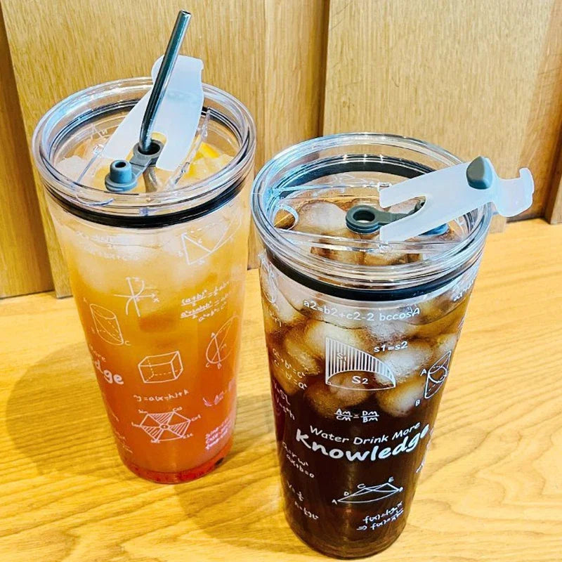 1000ml Large Capacity Mathematical Pattern Clear Glass Cup Utensils Cup With Lid And Stainless Steel Straw Milk Juice Coffee Mug