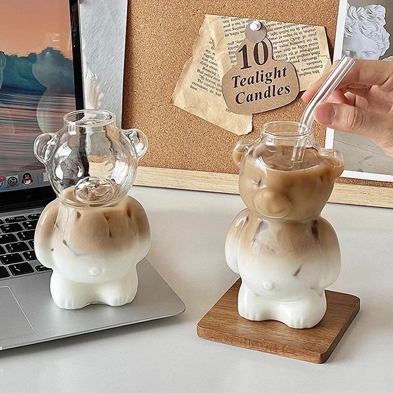 Cartoon Bear Shaped Coffee Mug Cute Bear Mug Glass Cup With Straw Transparent Creative Glass Juice Cup Milky Tea Cup - Gabriel