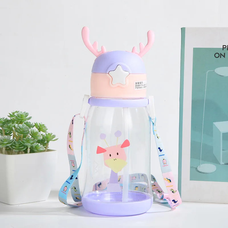 1pc 600ml Kids Water Sippy Cup Antler Creative Cartoon Baby Cups with Straws Leakproof Water Bottles Outdoor Childrens Cup - Gabriel