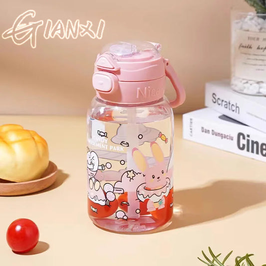 GIANXI Straw Cup For Kids Sealed Leakproof Cartoon Pattern Design Drinkware Portable Sports Plastic Water Bottle With Handle