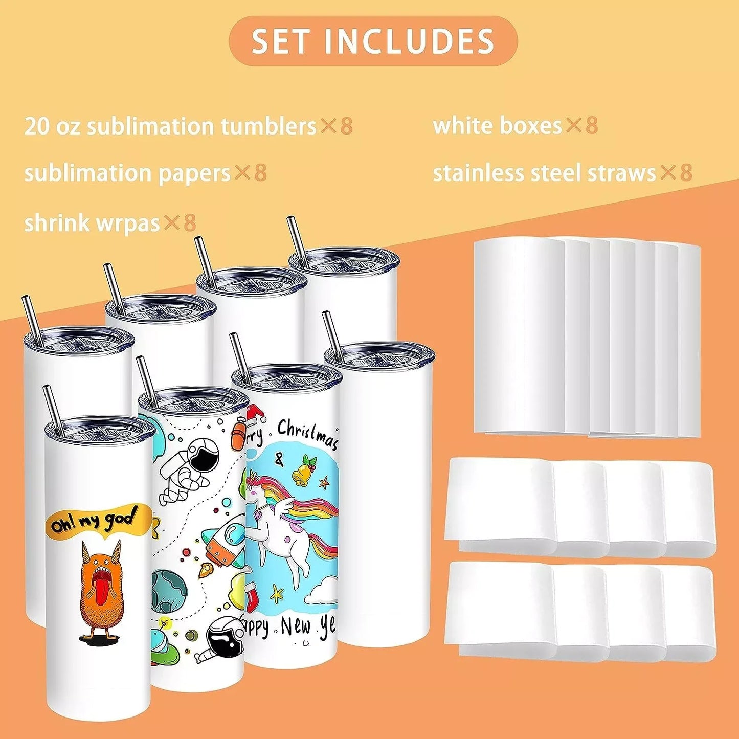 HTVRONT 4/8/12/16 Pcs 20 OZ Stainless Sublimation Tumblers Skinny Straight Sublimate Tumbler Blank DIY Mugs Cups Sippy Bottle