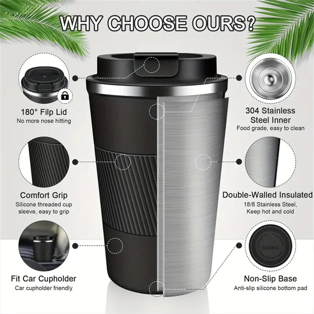 Stainless Steel Insulated Cup 12.85/17.25oz Double-layer Leak-Proof Travel Mug For Outdoor Sports Car Use Portable Vacuum Bottle