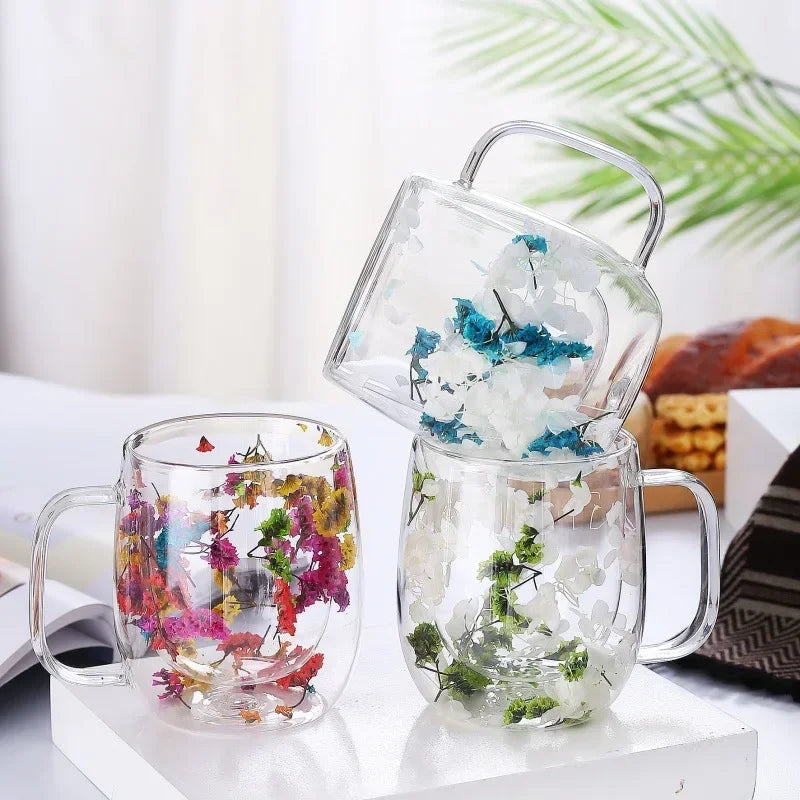 250ml / 350ml Double Wall Glass Cup Dry Flowers Insulated Flowers Espresso Cup Coffee Mugs Dual Layered Glass Cups Dried Flowers - Gabriel