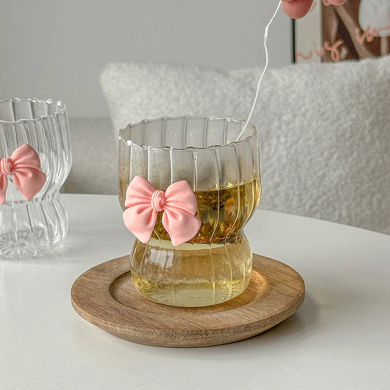 Pink Bow Glass Cute Water Cup Cartoon Bow Glass Cup Striped Cute Doodle Coffee Mug Household Fruit Tea Lemonade Girls Gift - Gabriel