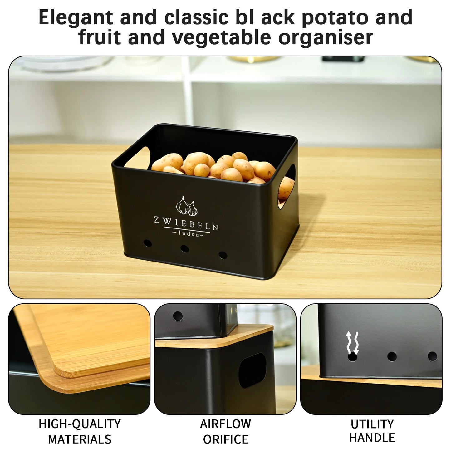 SIAZIH 3 Pcs Onion Garlic Potato Storage Box Multipurpose Vegetable Metal Container with Bamboo Lid and Ventilation Holes