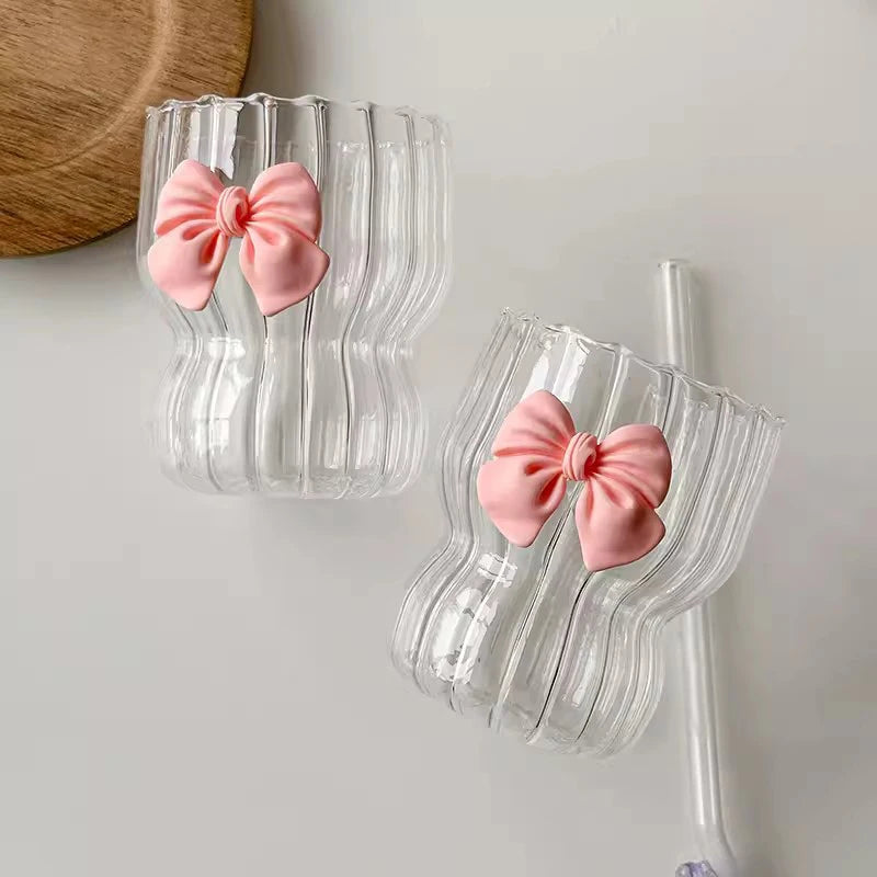 Pink Bow Glass Cute Water Cup Cartoon Bow Glass Cup Striped Cute Doodle Coffee Mug Household Fruit Tea Lemonade Girls Gift - Gabriel