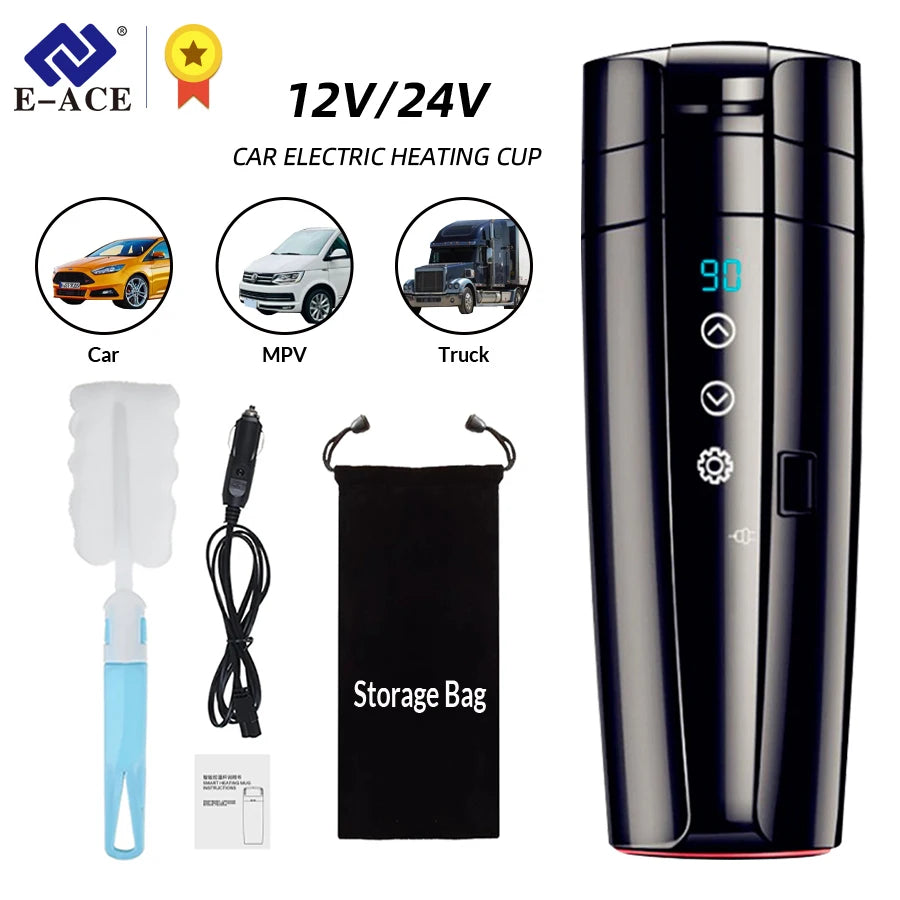 E-ACE 12V Portable heated car kettle 400ml Stainless Steel Touch screen temperature control Digital Display Cup 12V Thermos