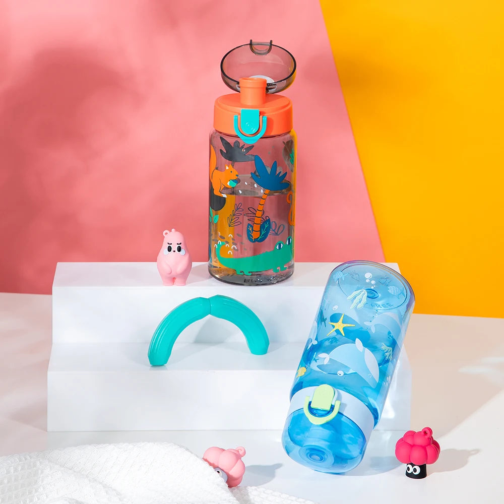 18.6oz Cute Cartoon Leakproof Water Bottle Transparent Sports Water Cup With Rope For Outdoor Travel Durable Kid Drinking Bottle