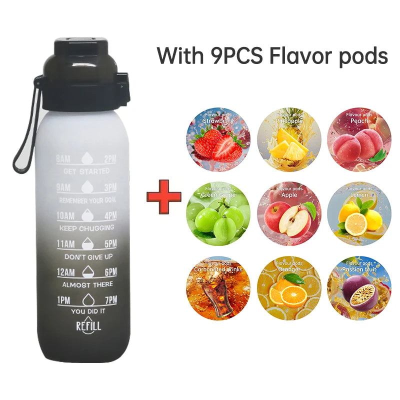 LUSQI 1PC 1000ML Flavor Water Bottle With Straw With 9PCS Flavor Pods Fashion Fitness Water Bottle For Outdoor Activities Sports