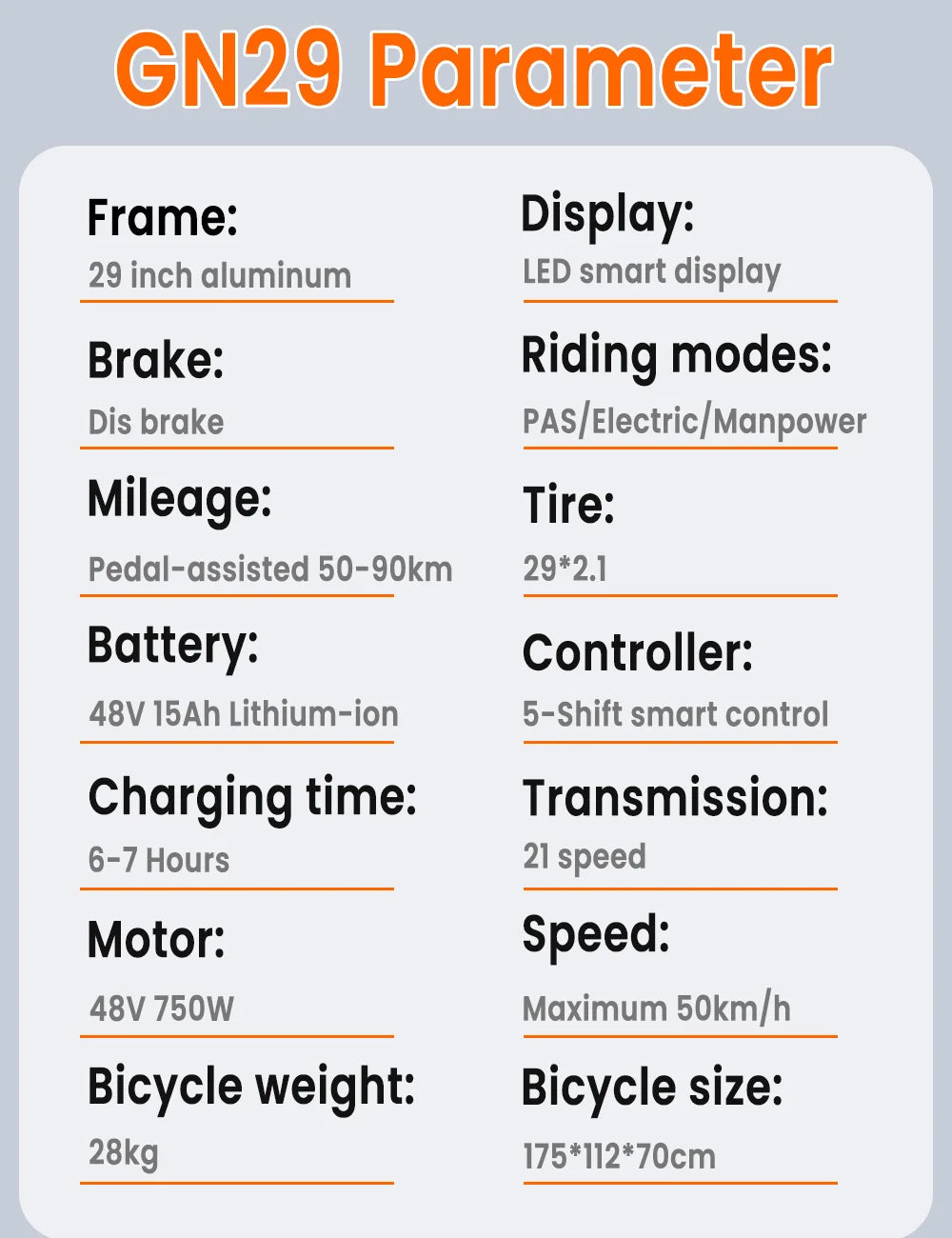 GUNAI GN29 Elektrofahrrad, 48 V, 750 W, leistungsstarker Motor, 29 x 2,1 Zoll Reifen, E-Bike für Erwachsene, 15 Ah Akku, 90 km maximale Reichweite, 50 km/h Höchstgeschwindigkeit