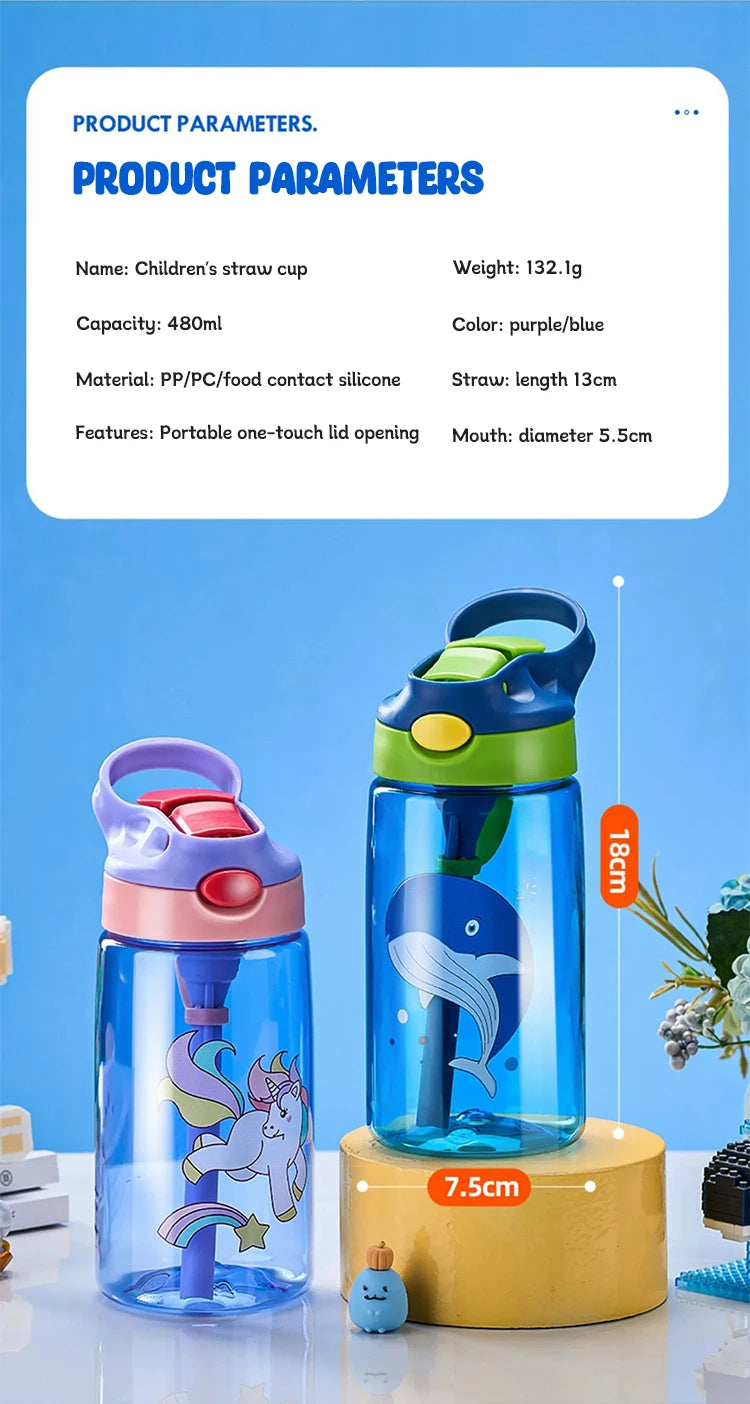 480 ml Kinderwasserflasche mit Strohhalm, Kinderwasser-Schnabeltasse, Kinder-Plastikflaschen, Outdoor-Trinkflasche für Studenten