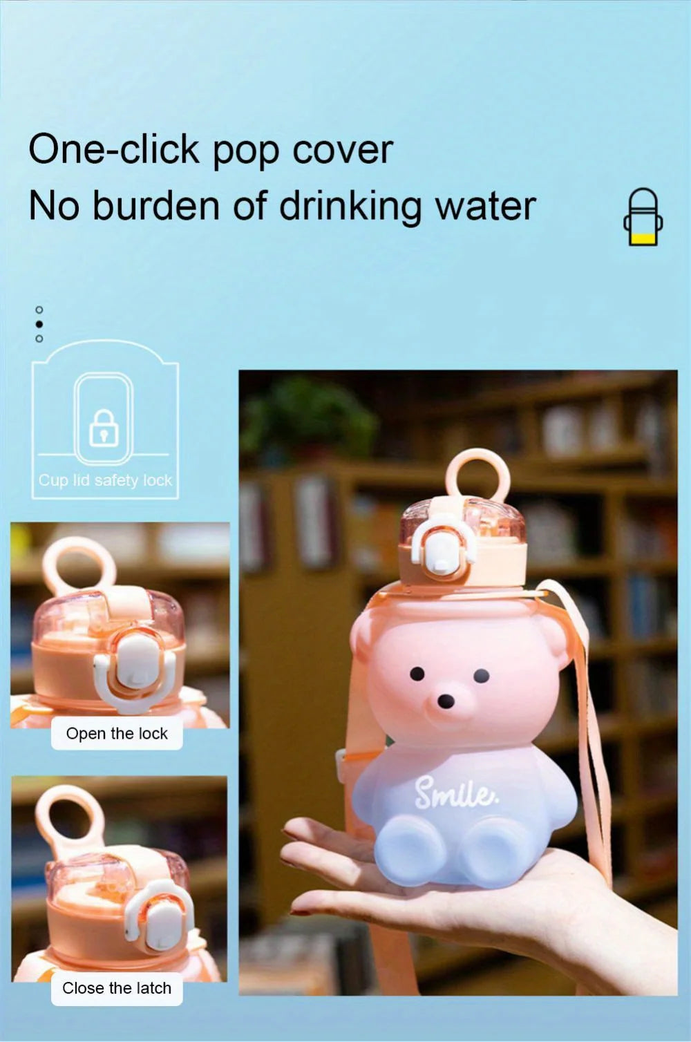 1pc Cute Bear Water Bottle BPA-Free Portable Kettle with Straw & Shoulder Strap Heat-Resistant Large-Capacity