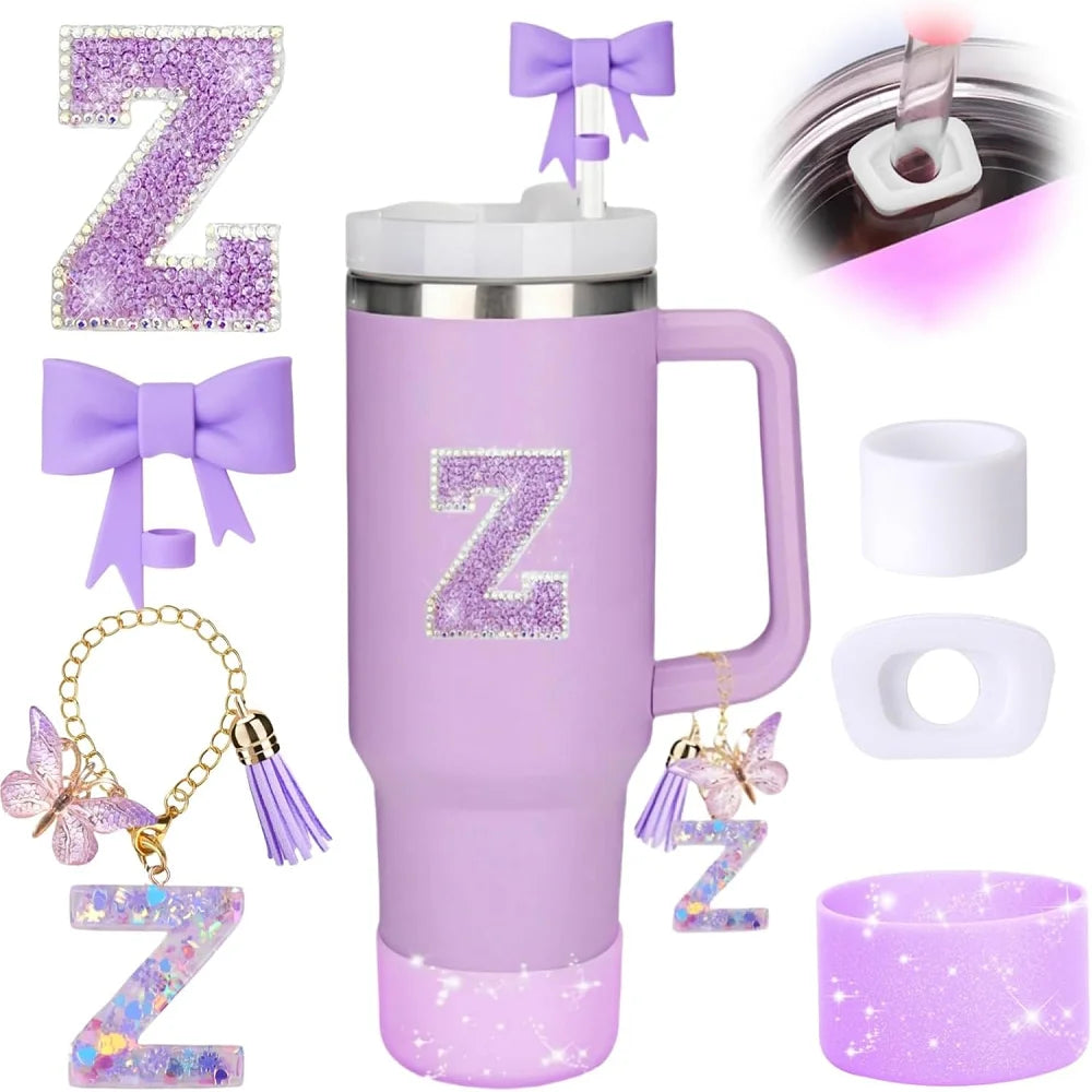 6pcs Accessories Set for Stanely 30oz 40oz Tumbler Including Glitter Initial Sticker 10mm Straw Topper Cover, Resin Letter Charm