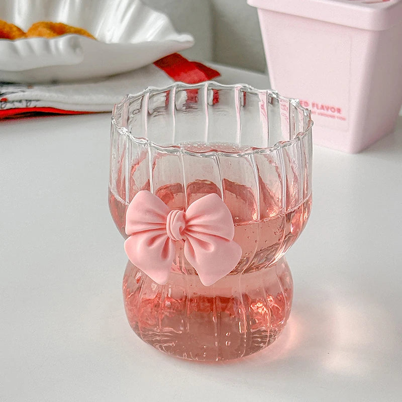 Pink Bow Glass Cute Water Cup Cartoon Bow Glass Cup Striped Cute Doodle Coffee Mug Household Fruit Tea Lemonade Girls Gift - Gabriel