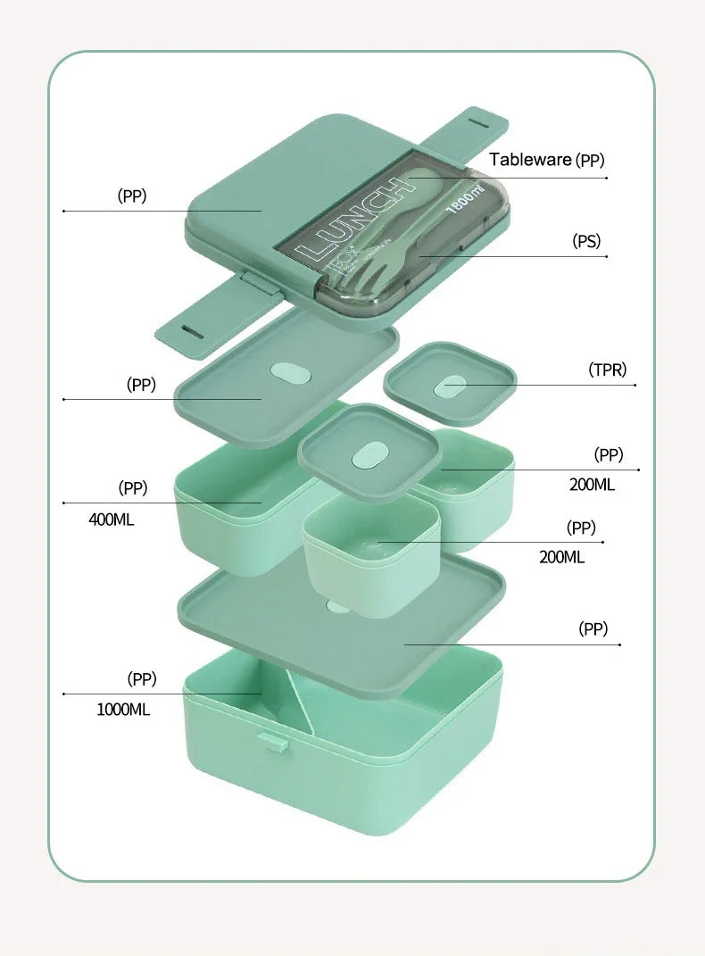 1100 ml/1800 ml Lunchbox mit 2 Fächern für Kinder mit Gabel und Löffel, mikrowellengeeignete Bento-Boxen, tragbarer Vorratsbehälter für Lebensmittel