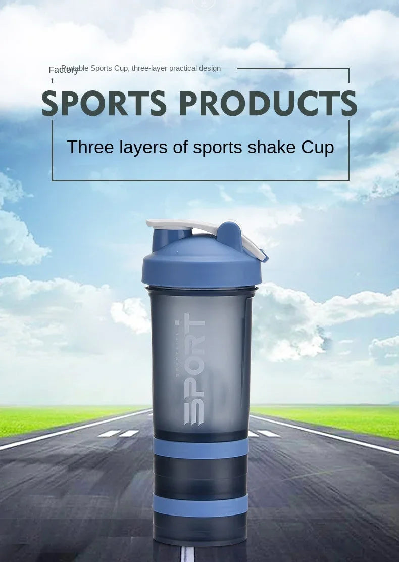 500 ml 3-lagige Sportwasser-Proteinpulver-Shaker-Flasche für Outdoor-Reisen, tragbares, auslaufsicheres Trinkgeschirr aus Kunststoff, BPA-frei