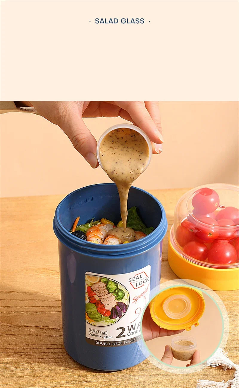 790ml/990ml Salad Oatmeal Cup Breakfast Double Cup Cereal Nut Yogurt Container Set With Dressing Holder Fork Meal Preparation