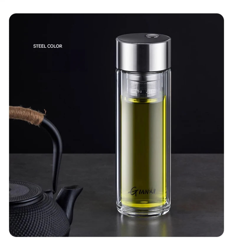 Glass Water Bottle With Tea Strainer and Magnetic Cup Lid Heat-Resistant Water Cup Portable Leak-Proof Office Household Tea Cup