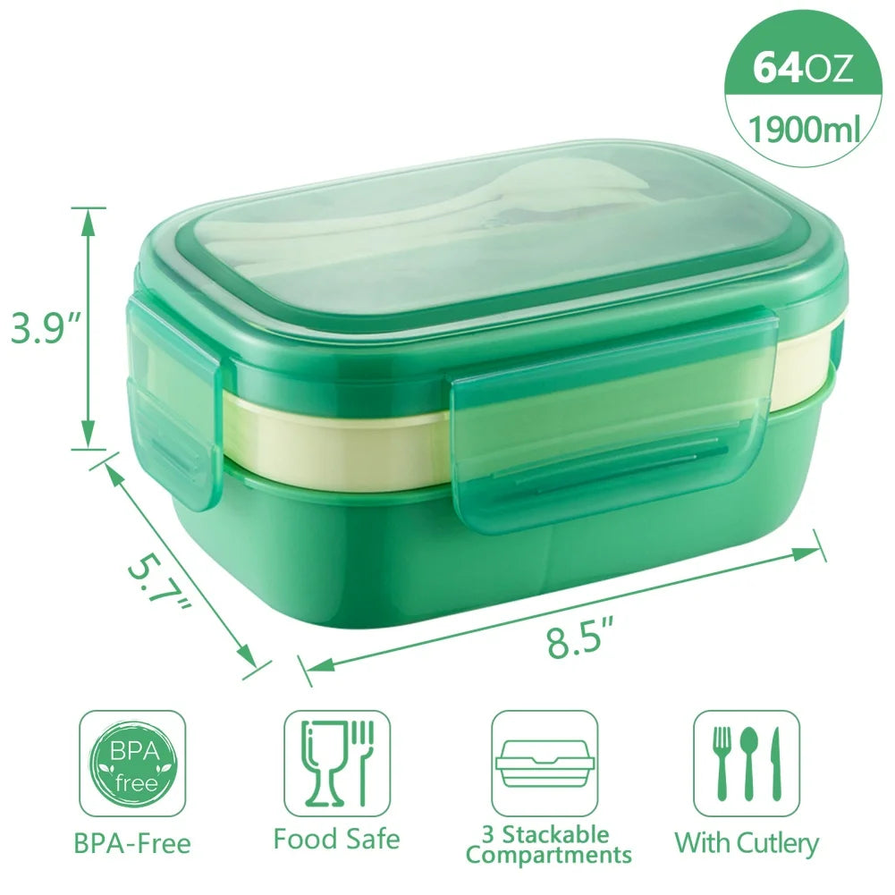 Stackable Bento Box Microwave Lunch Box 3 Layers All-in-One Lunch Containers with Cutlery Set Multiple Grid for Adults & Kids