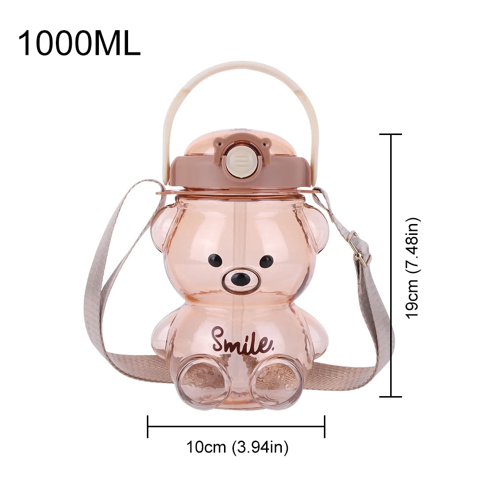 1000/1400ml Bear Water Bottle with Shoulder Strap Straw Sports Water Jug Leak-Proof Travel Straw Cup for Boys Girls Daily Use