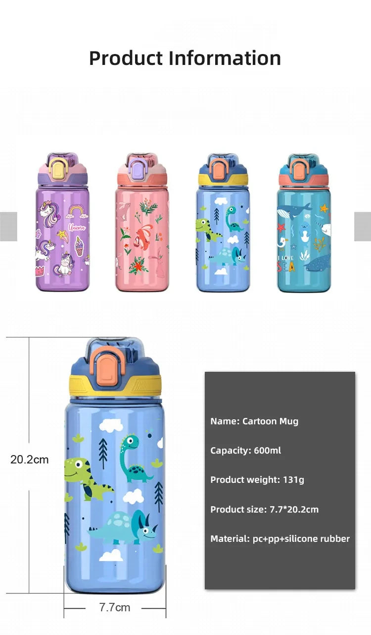 600ml Dinosaur Water Bottle For Kids Water Sippy Cup With Silicone Straw Leakproof Plastic Water Bottles Summer Kids Water Cup