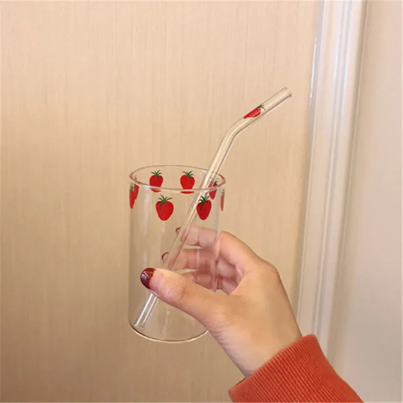 300ML Ins Kawaii Style Mugs Strawberry Glasses Coffee Milk Water Glass Cups with Straws Clear Cute Juice Gifts for Girl Lady Set - Gabriel