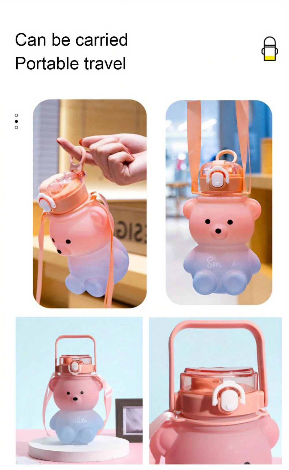 1pc Cute Bear Water Bottle BPA-Free Portable Kettle with Straw & Shoulder Strap Heat-Resistant Large-Capacity