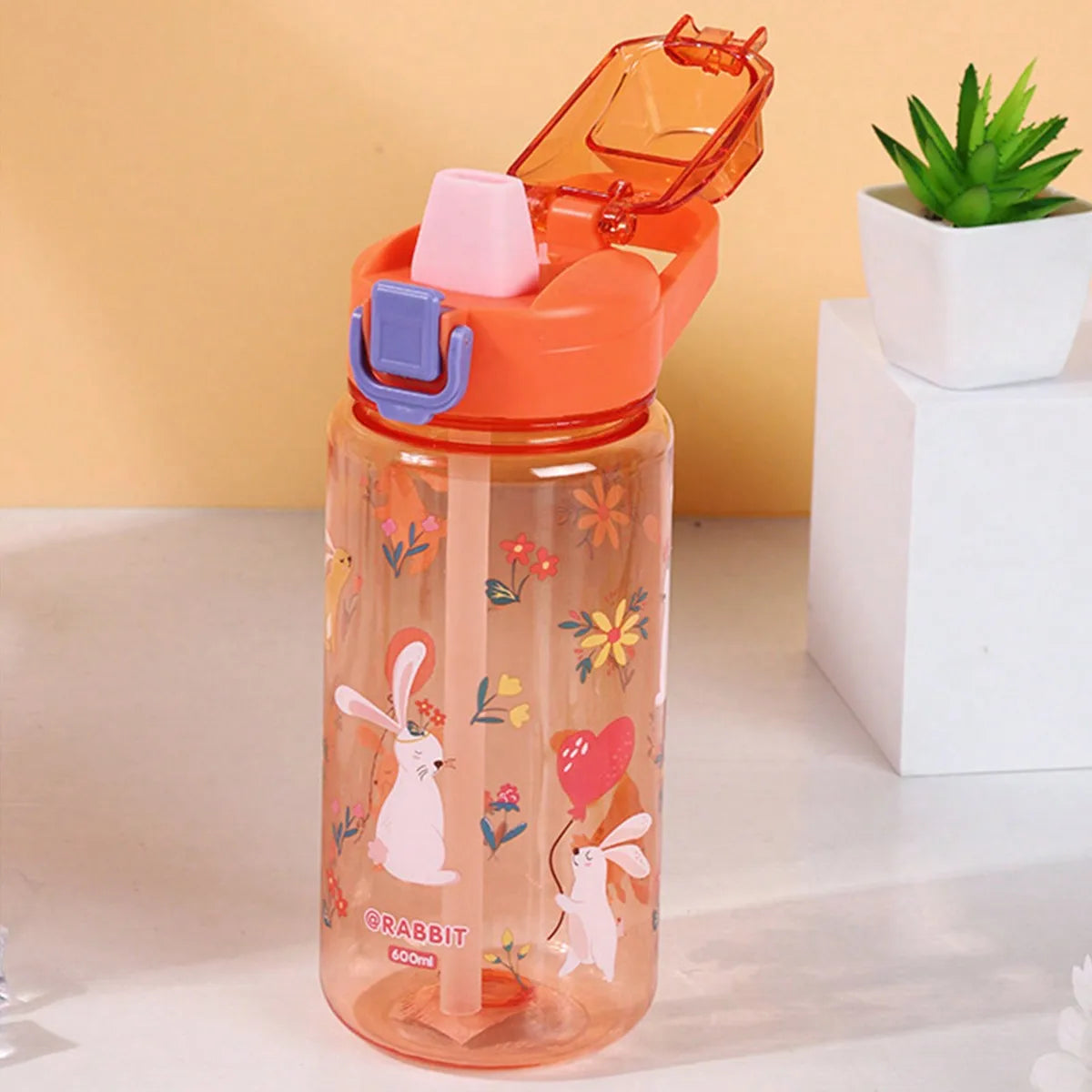 1pc 600Ml Student Sippy Cup Water Bottles Creative Cartoon Feeding With Straws And Lids Spill Proof Portable Beverage cups