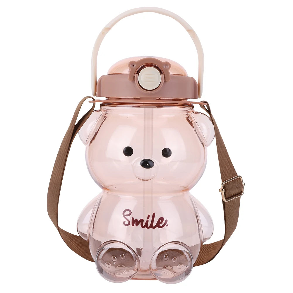 1000/1400ml Bear Water Bottle with Shoulder Strap Straw Sports Water Jug Leak-Proof Travel Straw Cup for Boys Girls Daily Use