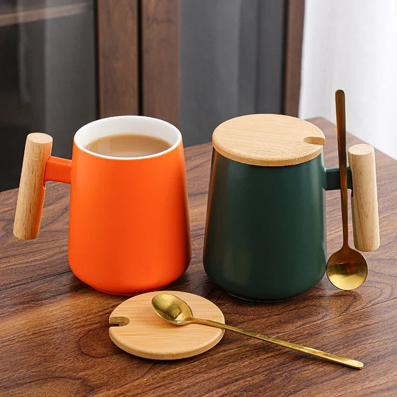 450ml Nordic Ceramic Coffee Mug with Lid and Sppon Wooden Handle Office Water Cup Creative Coffee Cup Milk Mugs Gift Drinkware - Gabriel