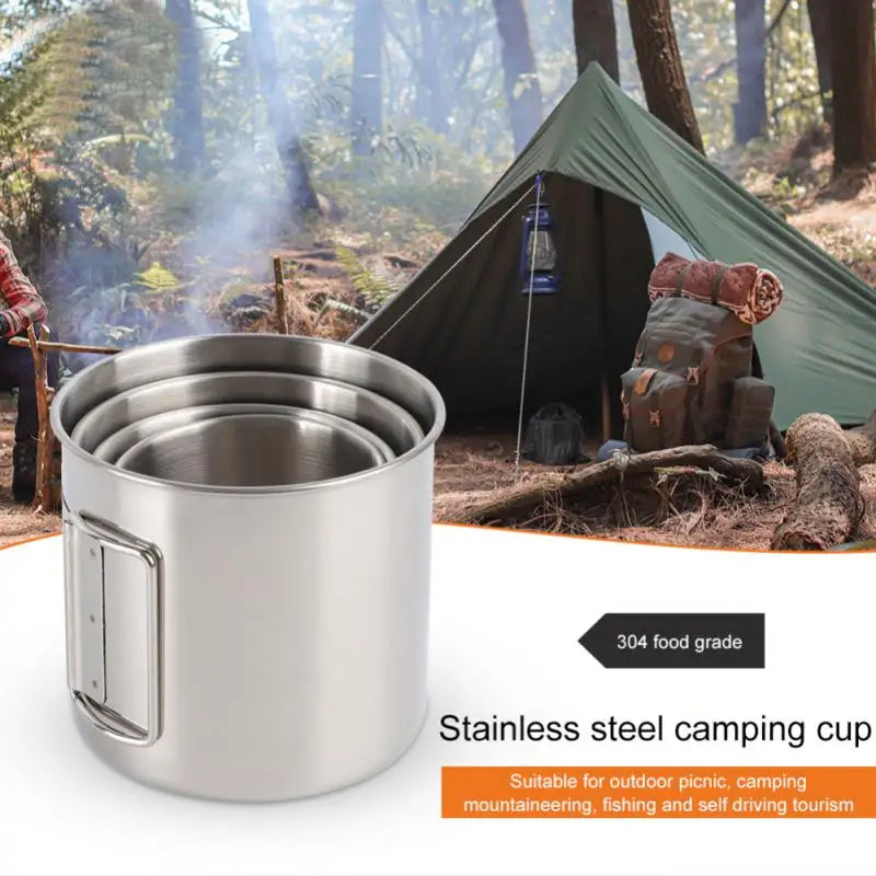 250/350/500ml 304 Stainless Steel Water Bottle Portable Camping Cup With Foldable Handle Outdoor Mug For Hiking Picnic Drinkware - Gabriel