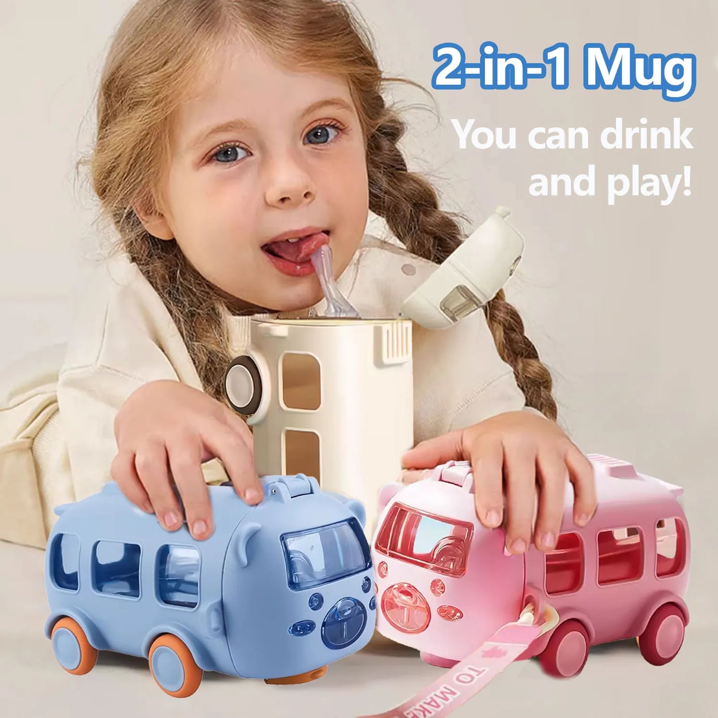 Summer Girls Outdoor Portable Car Straw Mug, 500ml Student Portable Drinking Mug, 2 in 1 Drinking Toy Car with Strap