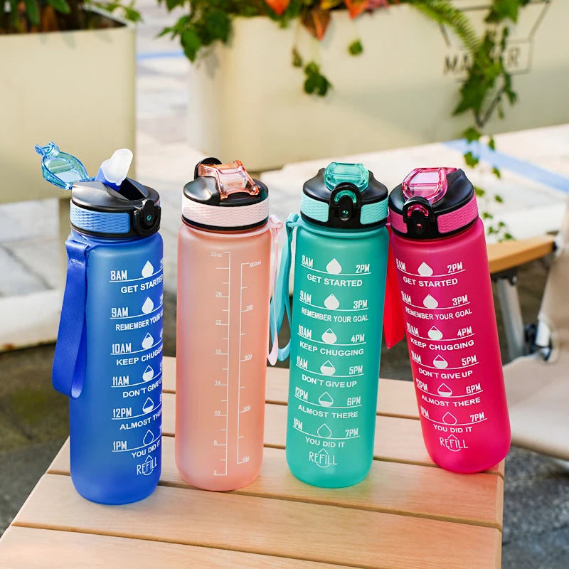 1L Water bottle 12 colors Leak Proof with Time Mark Drink and Straw Motivational Drinking Sports Water Bottle for Outdoor Hiking