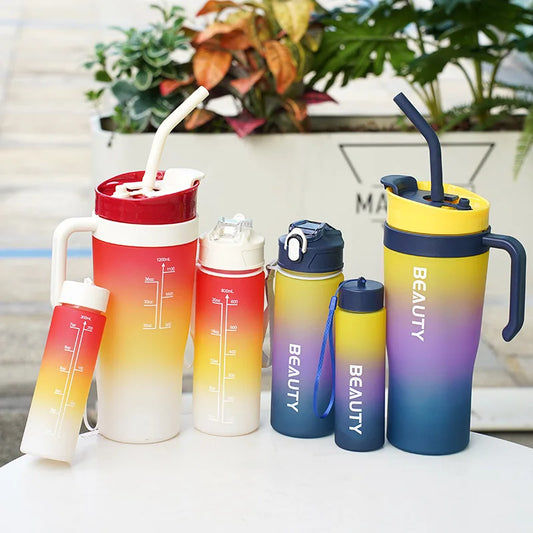 Set 3-in-1 Sport-Wasserflasche mit Farbverlauf und Strohhalm, großes Fassungsvermögen mit stilvollem Griff, Trinkflasche, Wasserbecher für den Außenbereich