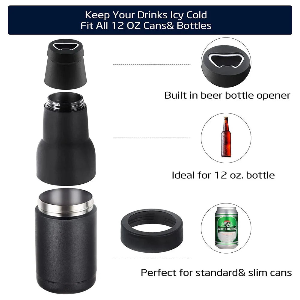 Insulated Cold Keeper Fits 12 Oz Standard Double Walled Can Cooler with Beer Opener Bottle Cooler Stainless Steel Gifts for Men