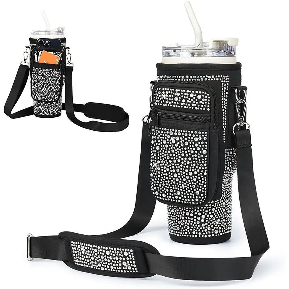 with Phone Pocket Water Bottle Holder Pouch Diamond Soft Adjustable Strap Water Cup Bags Handfree Bottle Carrier Bag