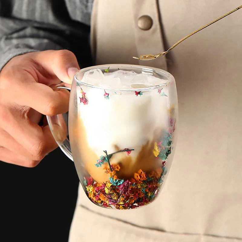 350ml Fillings Dry Flowers Double Wall Glass Cup With Handle Heat Resistant Tea Coffee Cups Espresso Milk Mug Creative Gift - Gabriel