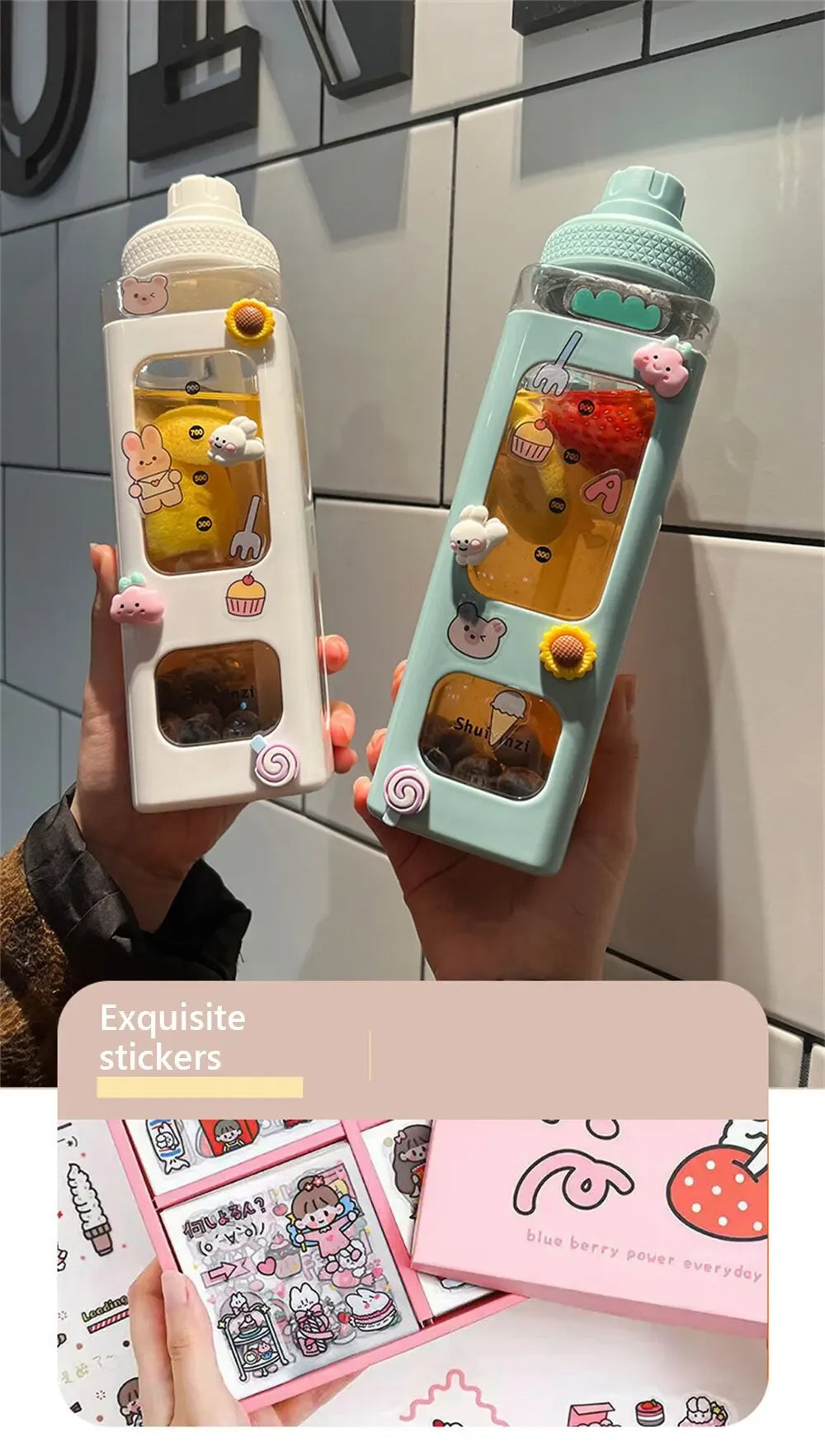 High Quality Water Bottle with Straw 3D Cute Bear Sticker Bpa Free Plastic Square Sippy Cup Portable Drinkware 700ml