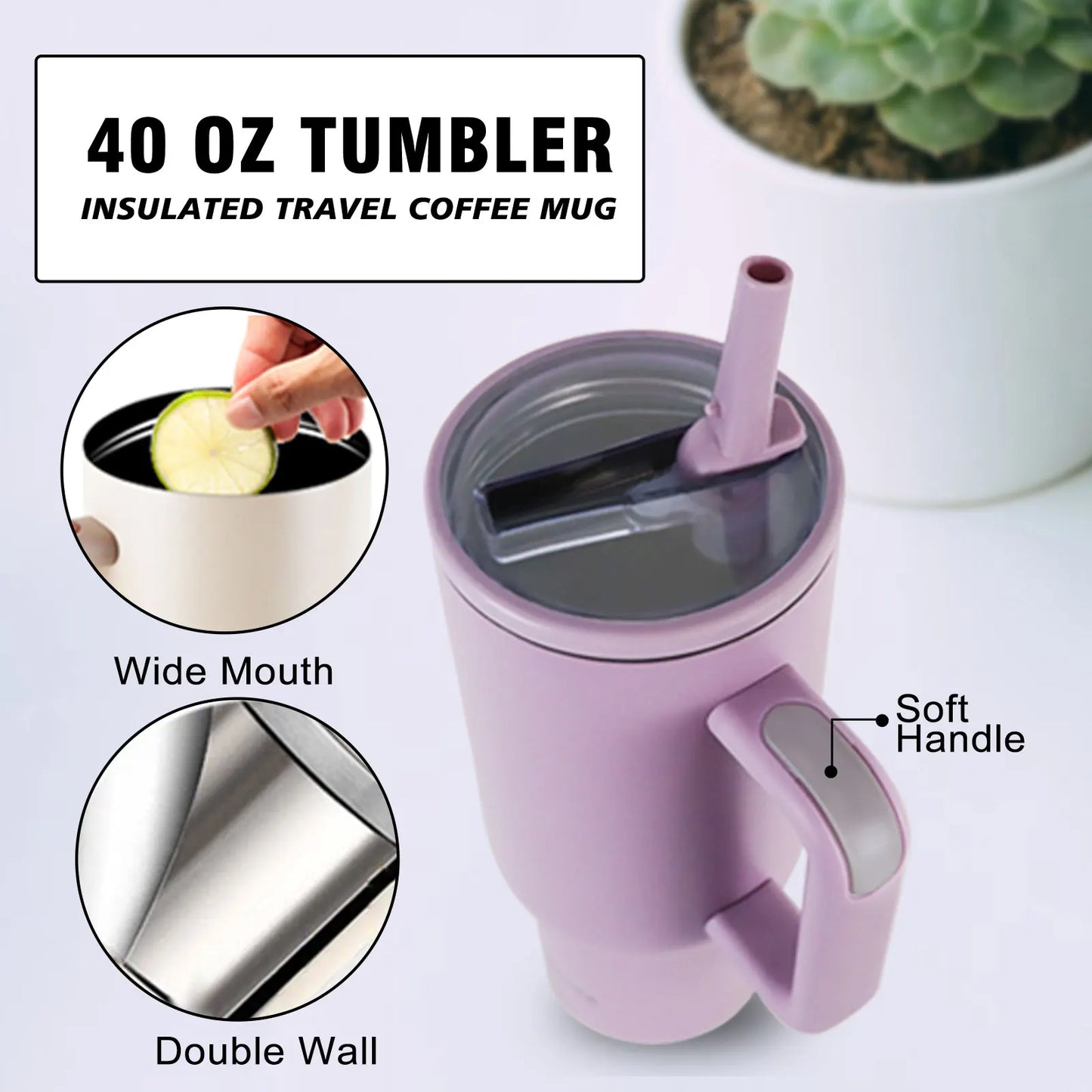 40 oz Insulated Tumbler with Handle Straw Double Wall Vacuum Leakproof Thermal Iced Travel Mug Hot Drink Coffee Cup with Lid