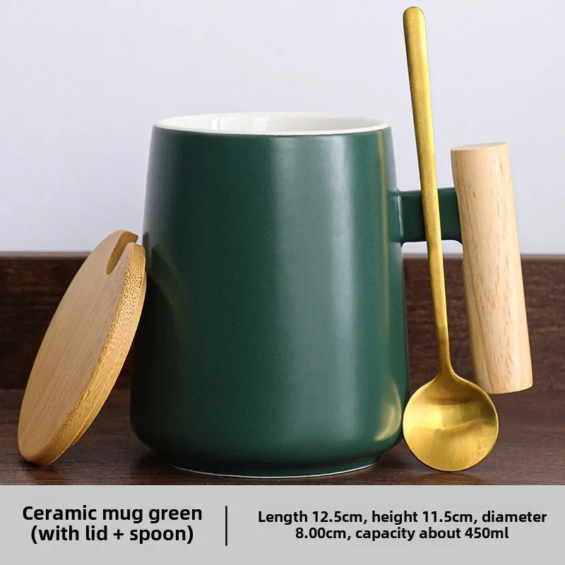 450ml Nordic Ceramic Coffee Mug with Lid and Sppon Wooden Handle Office Water Cup Creative Coffee Cup Milk Mugs Gift Drinkware - Gabriel