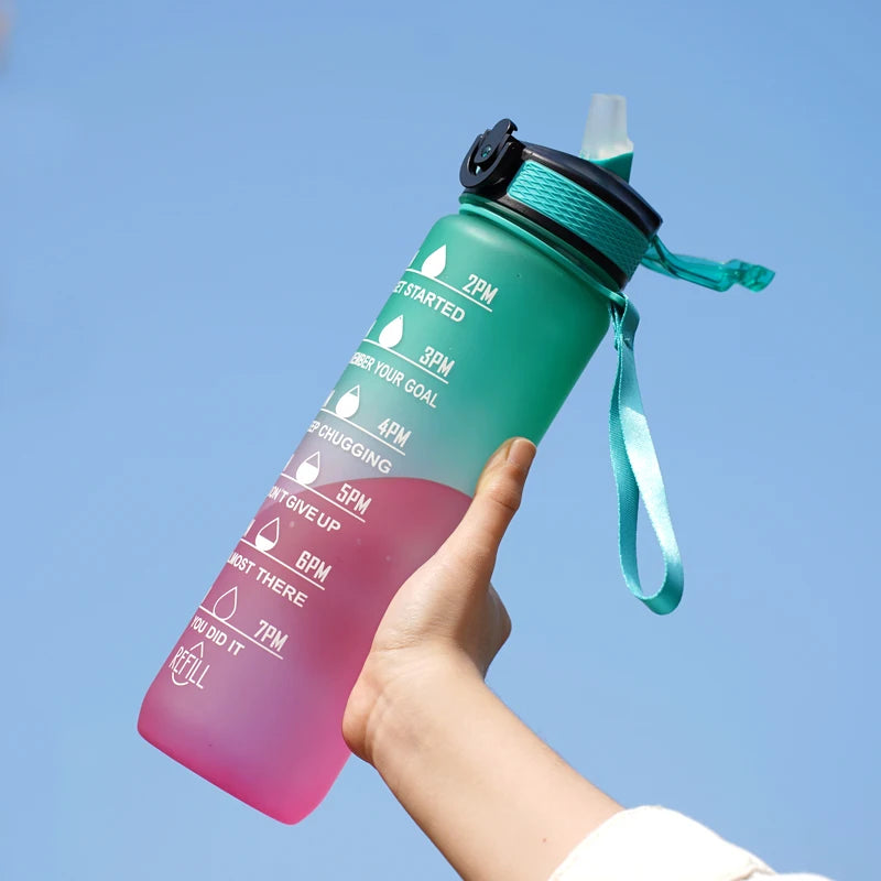 1L Water bottle 12 colors Leak Proof with Time Mark Drink and Straw Motivational Drinking Sports Water Bottle for Outdoor Hiking