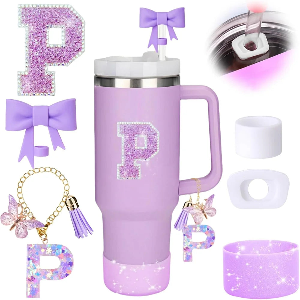 6pcs Accessories Set for Stanely 30oz 40oz Tumbler Including Glitter Initial Sticker 10mm Straw Topper Cover, Resin Letter Charm