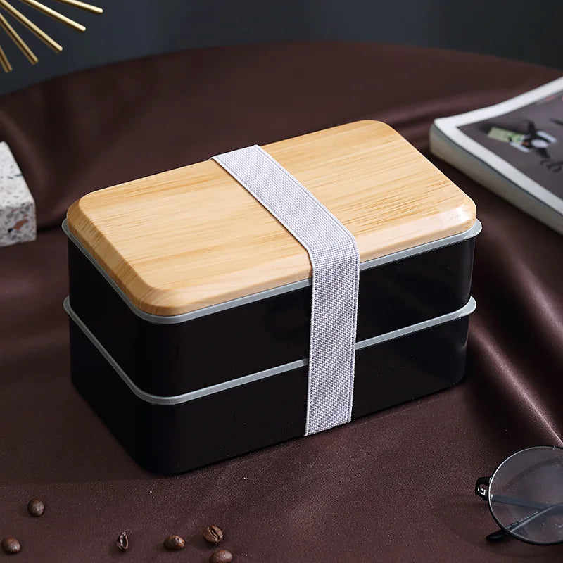 Wooden Grain Lunch Box Large Capacity Double Layer Sealed Leak Proof Microwave Oven Bento Box Food Storage Portable Tableware