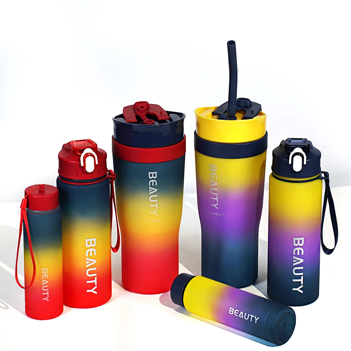 Set 3-in-1 Sports Gradient Water Bottle with Straw Large Capacity with Stylish Handle Drink Bottle water Cup Outdoor