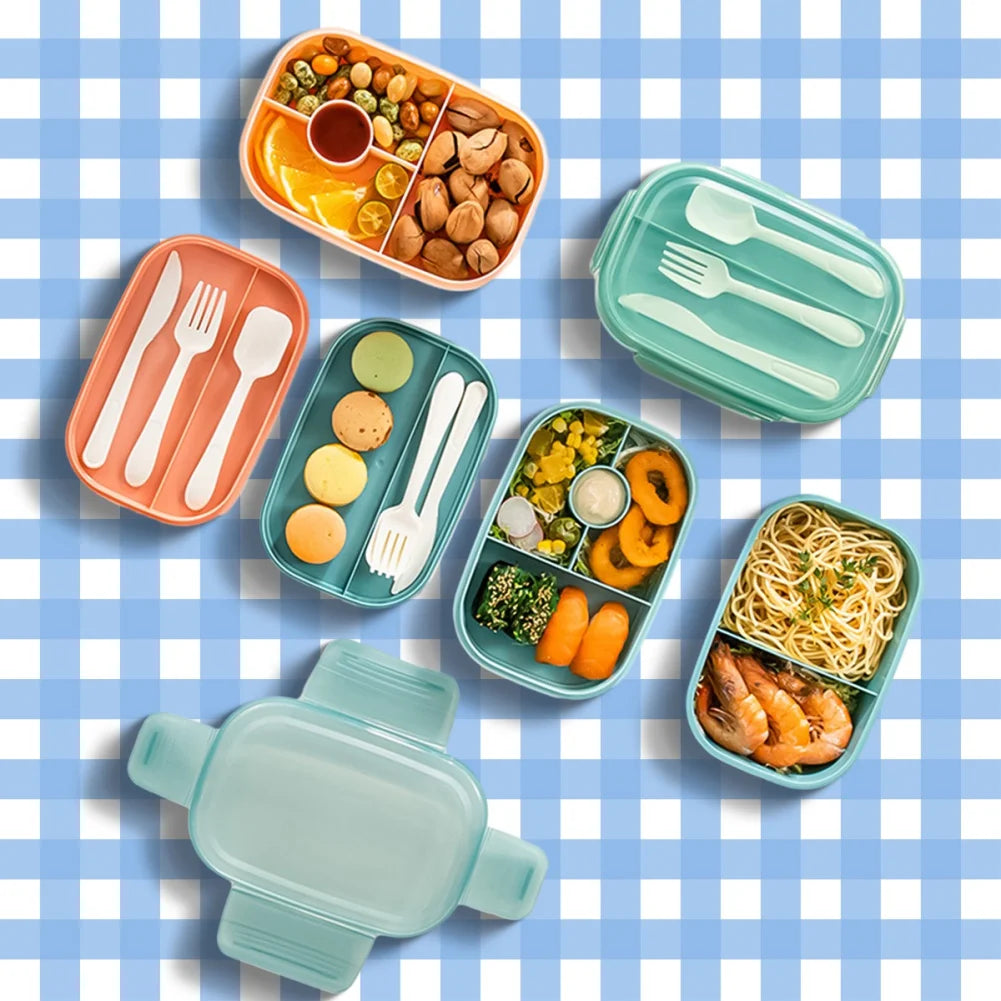 Stackable Bento Box Microwave Lunch Box 3 Layers All-in-One Lunch Containers with Cutlery Set Multiple Grid for Adults & Kids