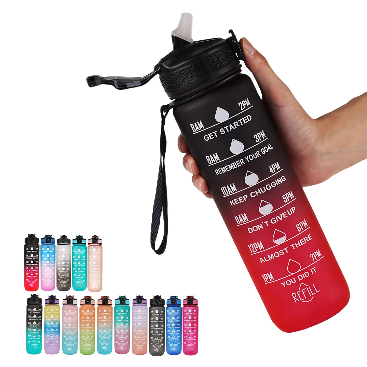 1L Water bottle 12 colors Leak Proof with Time Mark Drink and Straw Motivational Drinking Sports Water Bottle for Outdoor Hiking