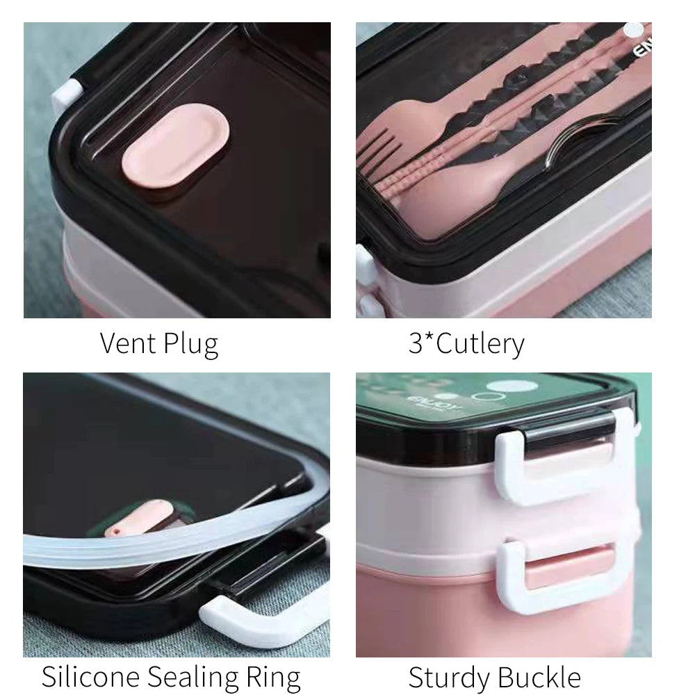 1pc 1400ml Double-layer Lunch Box Portable Compartment Food Box Microwave Lunch Box With Fork Chopsticks And Spoon Picnic Fresh